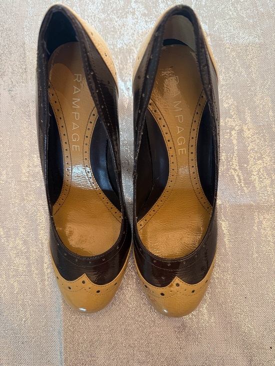 Rampage Shoes - Rampage Two-Tone Brown and Tan Patent Wingtip Heels
